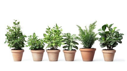 collection of ornamental plants in pots over white background  