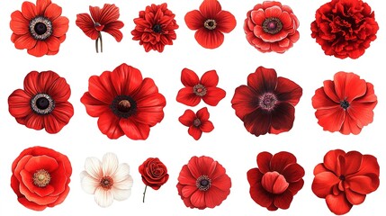 Collection of various red-flowered design element flowers, isolated on a white background  