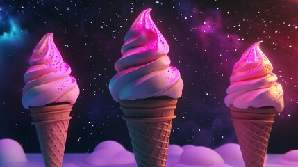 Three ice cream cones with pink and white swirls against a galaxy background.