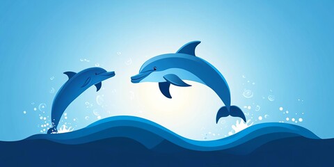 Obraz premium Dolphins jumping out of the water flat design, side view, ocean theme, animation, vivid