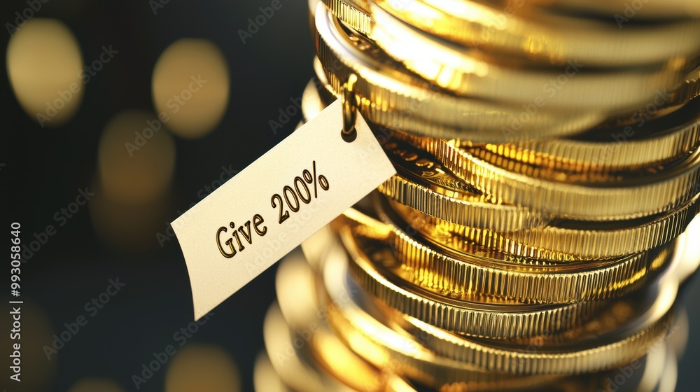 Poster golden coins stack with tag and marked message