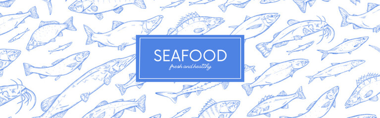 Design of seafood restaurant web banner in hand drawn style. Template of horizontal poster with vintage patterns of different species of sea, lake fishes. Detailed outline vector illustration