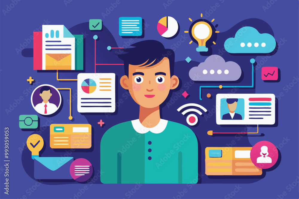 Poster a young man works on digital marketing tasks surrounded by charts and data on a computer screen, cus