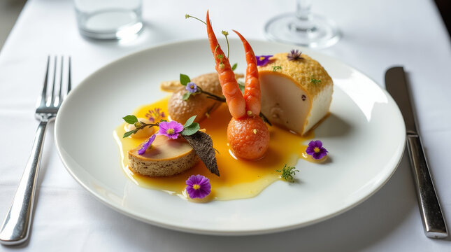 A beautifully arranged gourmet dish displays shrimp, delicate garnishes, and a vibrant sauce. The meticulous presentation highlights culinary artistry in a fine dining restaurant