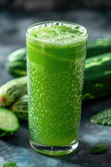 Fototapeta premium A refreshing glass of green bitter gourd juice, rich in nutrients, with vibrant green hues and herbal tones