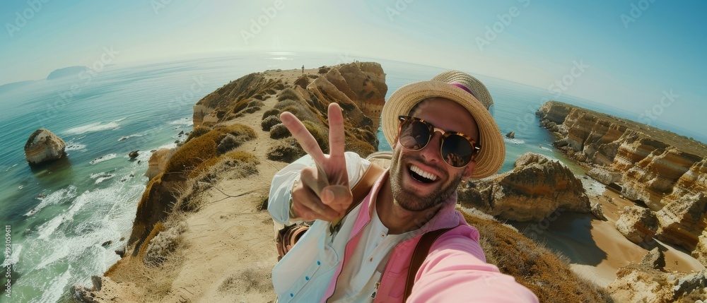 Poster man standing on a cliff with the ocean in the background. ai.
