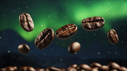 Floating Coffee Beans Under Northern Lights