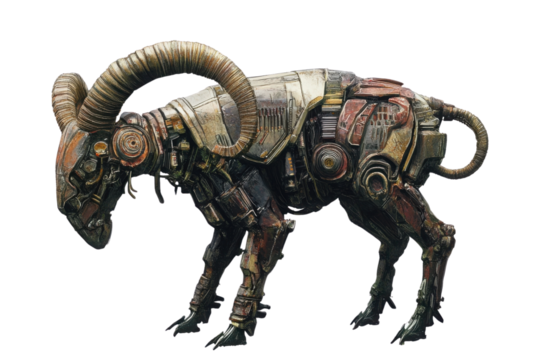 Mechanical ram with intricate design. transparent background