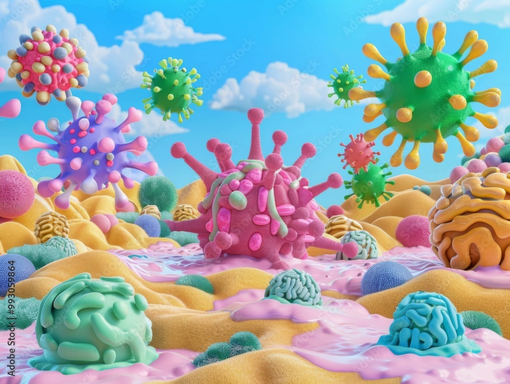 Sticker 3D rendering of a colorful virus landscape. AI.