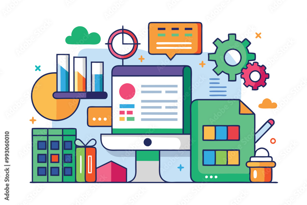 Poster bright and colorful vector graphics showcasing office tools, charts, and a computer interface for sp