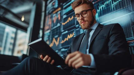 In a contemporary office, a young professional sits focused on analyzing stock market data displayed on a tablet, surrounded by dynamic charts
