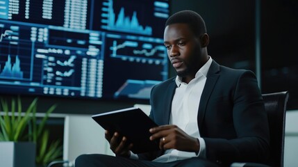 Fototapeta premium A focused young professional in business attire reviews stock market data on a tablet, surrounded by informative graphs and charts in a sleek office environment