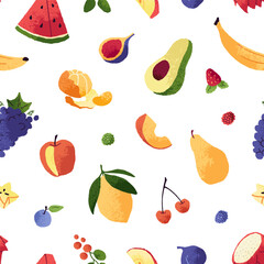 Repeatable pattern of different tropical fruit and berries. Endless background with exotic fresh food: avocado, banana, grape, watermelon. Summer design of backdrop. Flat seamless vector illustration