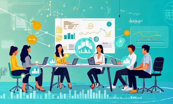 A group of people in a meeting, looking at a presentation with graphs, charts, and data.