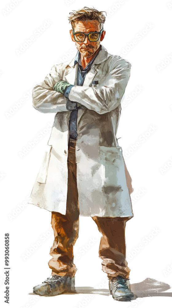 Poster scientist in lab coat, white isolated background transparent background