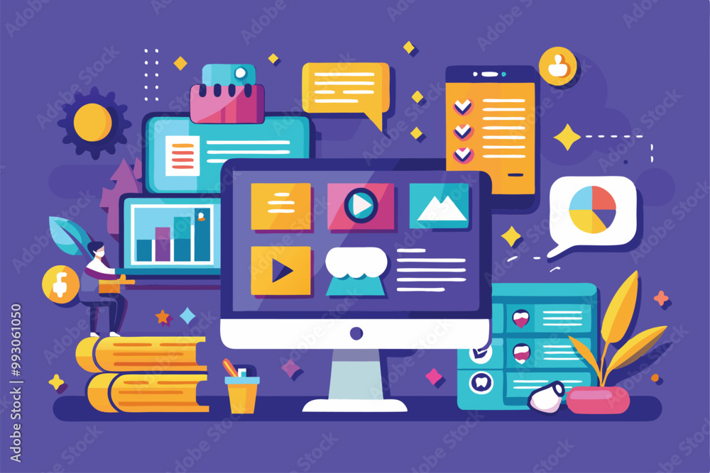 Poster a collection of customizable illustrations depicts a vibrant digital workspace with various ui/ux el