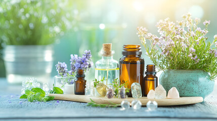 An featuring natural remedies and alternative medicine with elements like herbal plants, essential oils, acupuncture tools, and crystals in a serene, tranquil setting. 