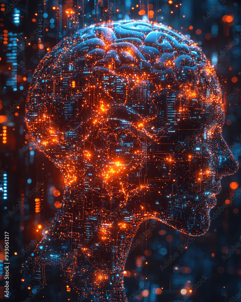 Poster a digital brain made of interconnected networks and glowing data streams,