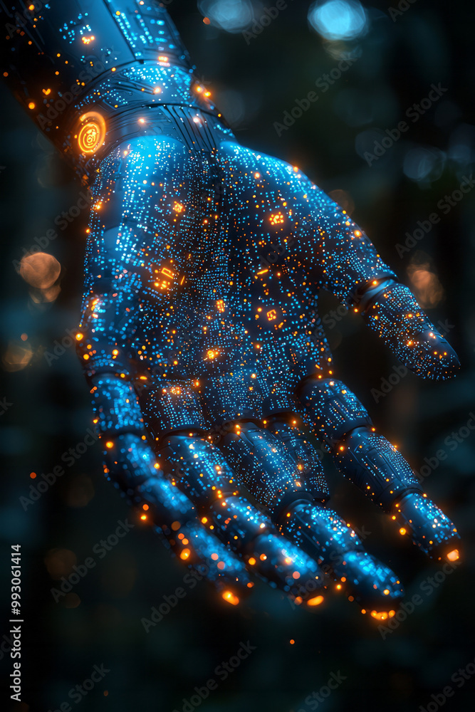 Poster a robotic hand connected to a digital network of glowing data streams,