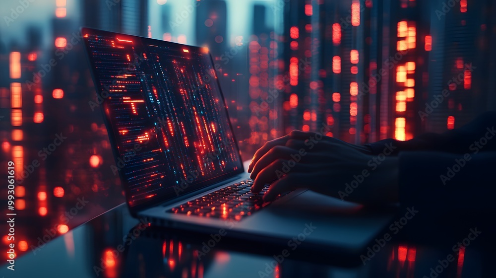 Aufkleber a person typing on a laptop with a glowing screen in front of a window with a blurred cityscape at n