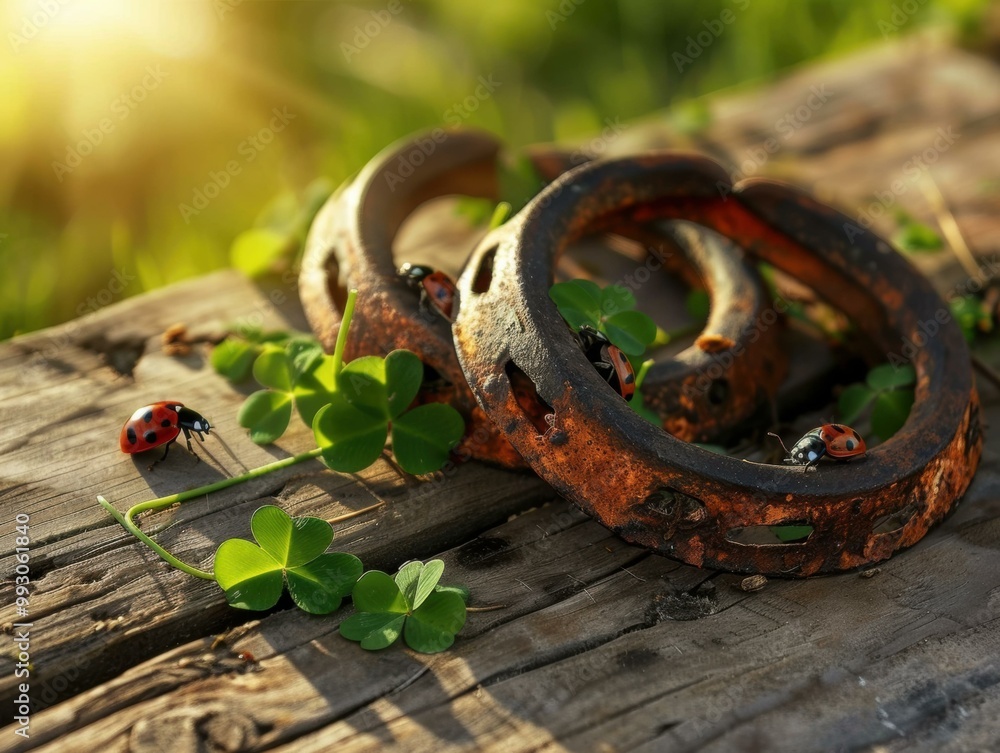 Sticker Four-leaf clovers and ladybugs on a horseshoe bring good luck. AI.