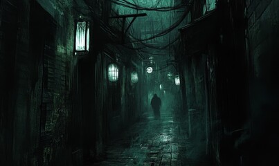 Obraz premium A shadowy figure walks down a dark, cobblestone alley.