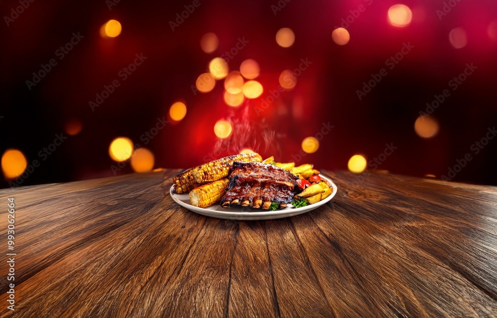 Poster a plate of ribs, corn on the cob and potatoes sits on a wooden table, with a red and gold bokeh back