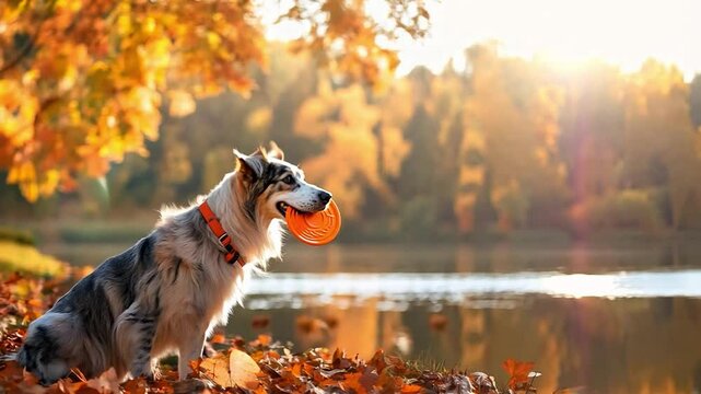 A playful dog enjoys a sunny autumn afternoon by the lake with a frisbee in its mouth amidst colorful falling leaves