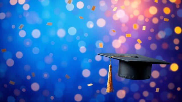 Graduation cap with blue bokeh background, symbolizing academic success and celebration. Ideal for graduation-related projects and educational materials.