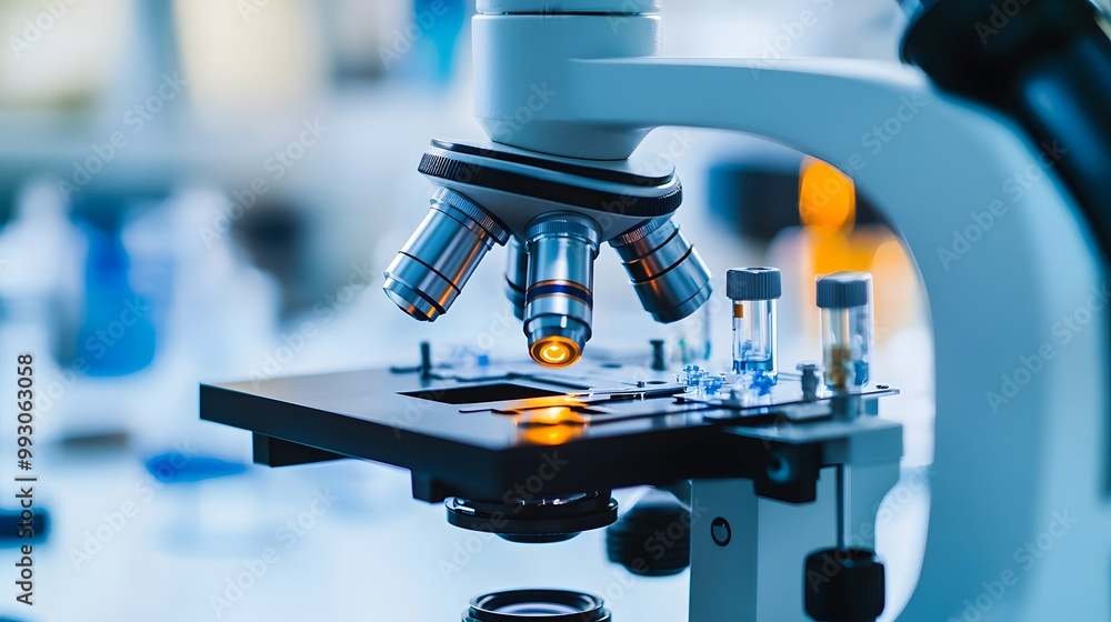 Poster microscope with lenses focused on sample in laboratory setting