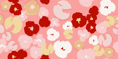 Floral seamless pattern with abstract red, yellow, pink, white flowers. Vector background, print, design