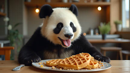 Adorable Panda Eating Waffles | Cute Animal Food Photography | Fluffy Bear Enjoying Breakfast Image