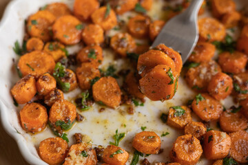 Delicious Garlic Butter Parmesan Carrots in a White Tray Ready to Eat – The Perfect Holiday Side Dish Close-Up