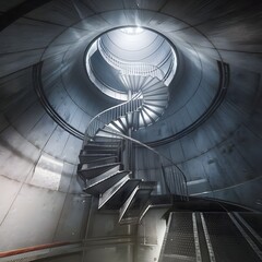 Fototapeta premium Aspiral staircase winding upwards in a cylindrical industrial shaft illuminated by a bright circular skylight at the top