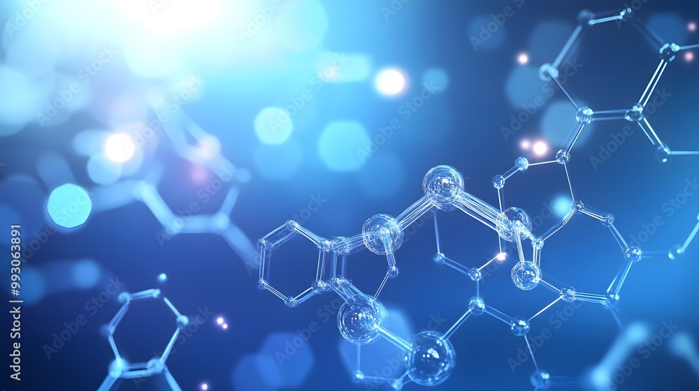 Poster abstract molecular structure with blue background and bokeh lights