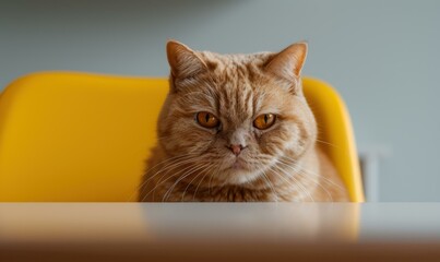 A ginger cat sits on a yellow chair, staring intently at something off camera. AI.