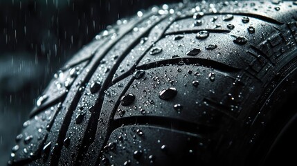 Close-Up of All-Season Tire Side Profile with Raindrops