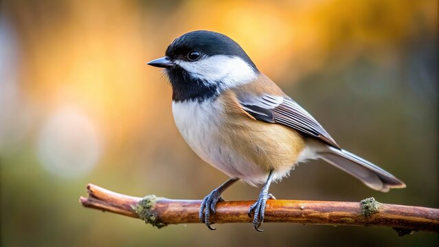 A close up view of a black capped chickadee perched on a branch captured from a unique worm s eye perspective, wildlife, black capped chickadee, colorful, close-up, fluffy, vibrant, outdoors