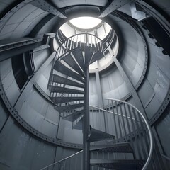 Aspiral staircase winding upwards in a cylindrical industrial shaft illuminated by a bright circular skylight at the top