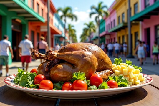 A plate of food placed on a wooden table, great for dining or presentation
