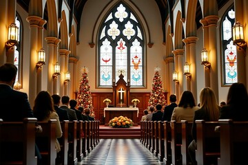Group of people standing or sitting outside a church building, possibly awaiting a service or event