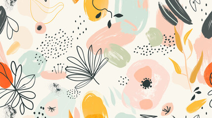 Cute abstract drawings, simple shapes and patterns such as flowers and leaves, pastel colors, flat design, white background