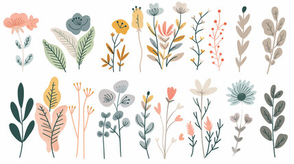 Obraz premium Cute abstract drawings, simple shapes and patterns such as flowers and leaves, pastel colors, flat design, white background