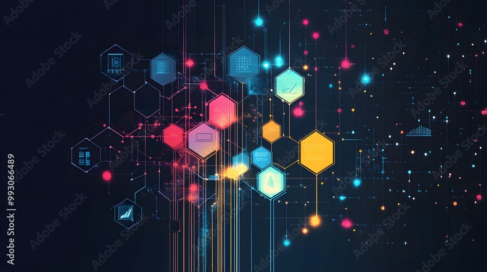 Poster abstract digital network with hexagon nodes and data visualization