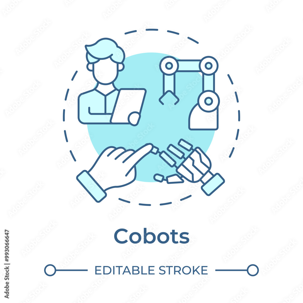 Poster cobots soft blue concept icon. collaborative robots. industry 5.0 technology. human-robot interactio