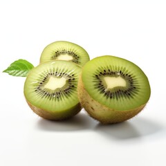 Fresh kiwi fruit halves with one whole kiwi on a white background