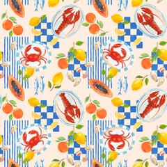 Beautiful vector seamless Summer Vacation Seamless pattern. Greek pattern with sardines, lemon, oysters, mussels, papaya, lobster and crab. Mediterranean bright print. Greek style.