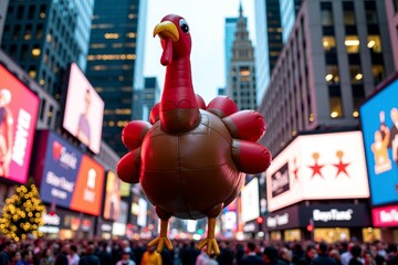 A large inflatable turkey-shaped balloon on a city street, suitable for Thanksgiving or fall-themed events