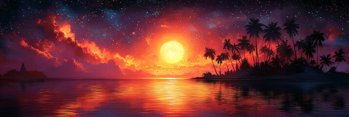 Fototapeta premium An abstract tropical island at sunset, with vibrant hues of orange, purple, and gold,