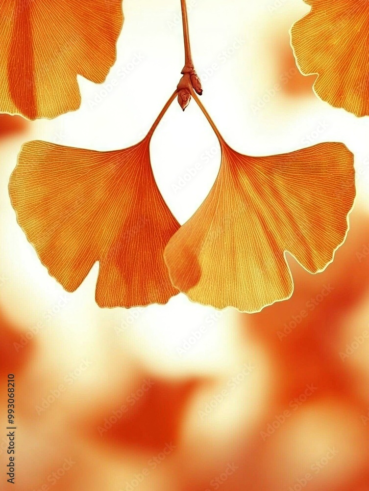 Poster a detailed image of two hanging leaves on a branch, surrounded by a hazy background of surrounding f